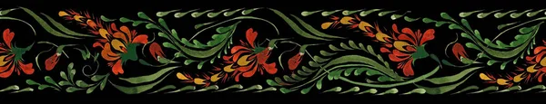 Ukrainian folk painting style Petrykivka. Floral watercolor seamless border pattern from red lupine flowers and green leaves on a black background. Ethnic design