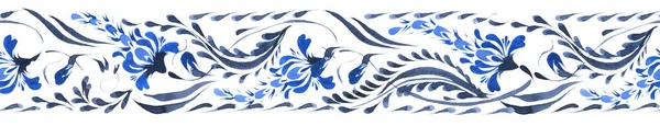 Ukrainian folk painting style Petrykivka. Floral watercolor seamless border pattern from blue lupine flowers and leaves on a white background. Ethnic design