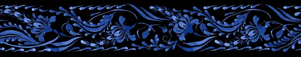 Ukrainian folk painting style Petrykivka. Floral watercolor seamless border pattern from blue fantasy lupine flowers and leaves on a black background. Ethnic design