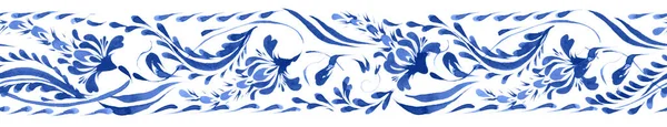 Ukrainian folk painting style Petrykivka. Floral watercolor seamless border pattern from blue lupine flowers and leaves on a white background. Ethnic design