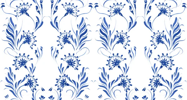 Ukrainian folk painting style Petrykivka. Floral watercolor seamless pattern from blue cornflowers and fennel leaves on a white background