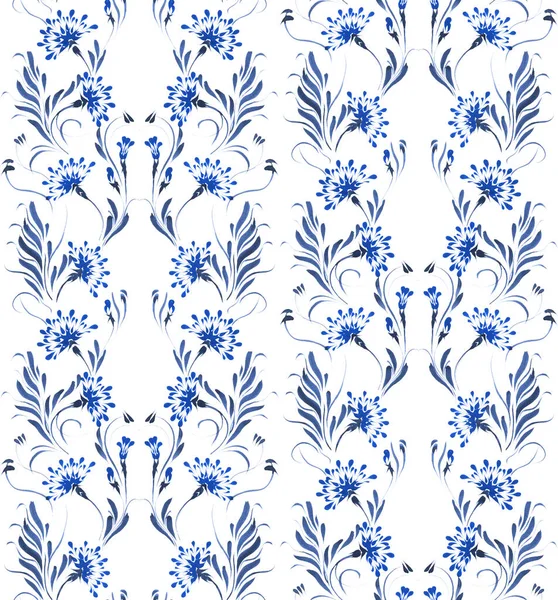 Ukrainian folk painting style Petrykivka. Floral watercolor seamless pattern from blue cornflowers and fennel leaves on a white background