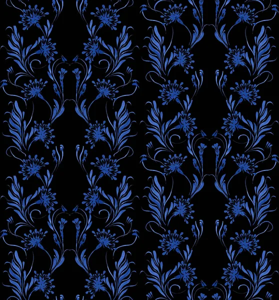 Ukrainian folk painting style Petrykivka. Floral watercolor seamless pattern from blue cornflowers and fennel leaves on a black background