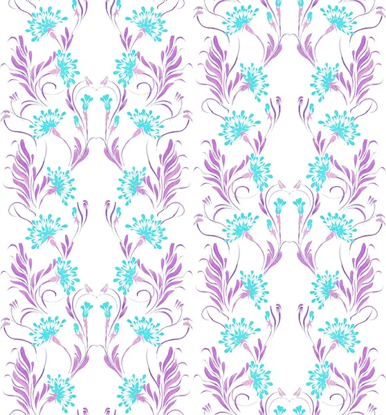 Floral watercolor seamless pattern from turquoise blue dill flowers and purple pink fennel leaves on a white background