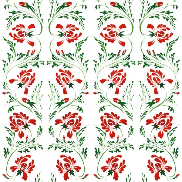 Ukrainian folk painting style Petrykivka. Floral watercolor seamless pattern from red peony flowers and green leaves on a white background