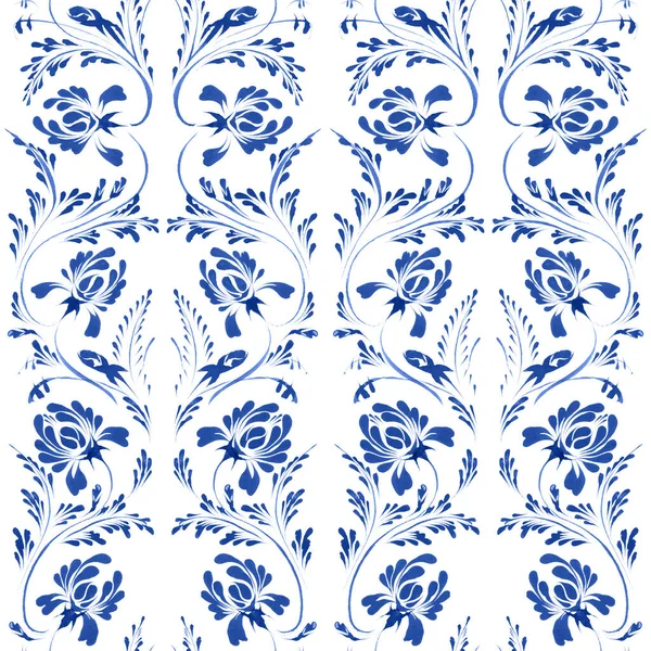 Ukrainian Folk Painting Style Petrykivka Floral Watercolor Seamless Pattern Blue — Stock Photo, Image