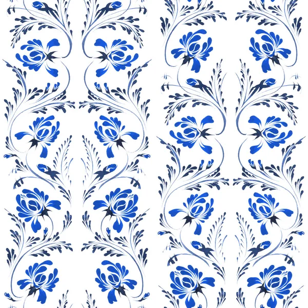 Ukrainian folk painting style Petrykivka. Floral watercolor seamless pattern from blue peony and rose flowers and leaves on a white background