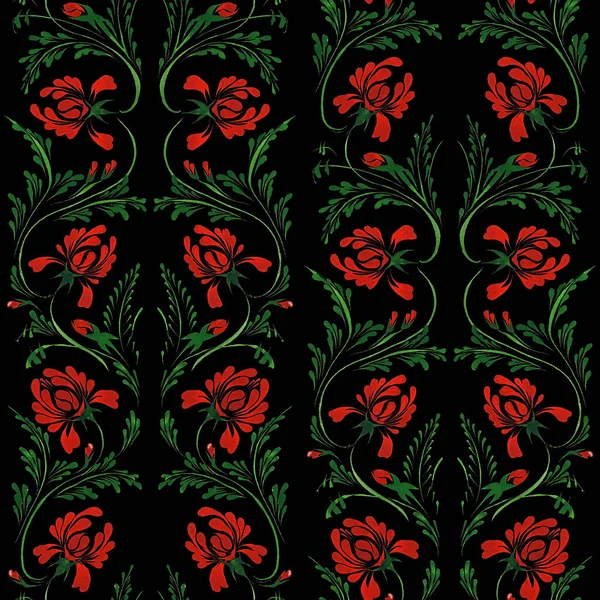 Ukrainian folk painting style Petrykivka. Floral watercolor seamless pattern from red peony flowers and green leaves on a black background