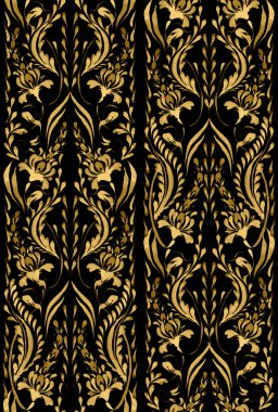 Ukrainian folk painting style Petrykivka. Floral watercolor seamless pattern from golden lupine flowers and gold leaves on a black background