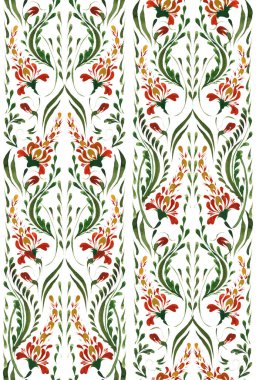 Ukrainian folk painting style Petrykivka. Floral watercolor seamless pattern from red lupine flowers and green leaves on a white background