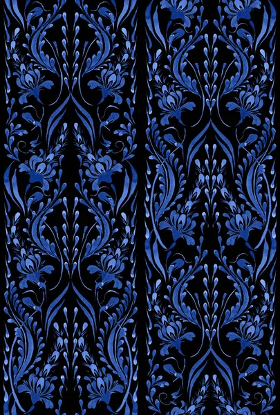 Ukrainian folk painting style Petrykivka. Floral watercolor seamless pattern from blue lupine flowers and leaves on a black background