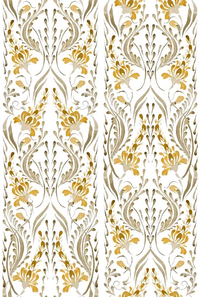 Ukrainian folk painting style Petrykivka. Floral watercolor seamless pattern from golden lupine flowers and gold leaves on a white background