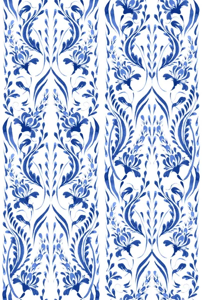 Ukrainian folk painting style Petrykivka. Floral watercolor seamless pattern from blue lupine flowers and leaves on a white background