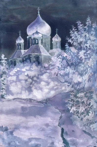 Watercolor Painted Christmas Landscape Orthodox Cathedral Chernigiv Region Ukraine — Stock Photo, Image
