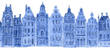 Mimari kusursuz sınır deseni. Suluboya mavi karalama peri masalı evler panorama, eski ortaçağ Avrupa şehir sokağı