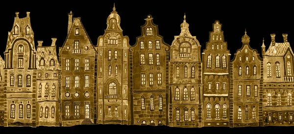 Архитектурный Бесшовный Золотой Рисунок Черном Фоне Акварелью Окрашены Старинные Средневековые — стоковое фото