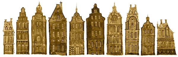Архитектурный Набор Изолирован Белом Фоне Золотая Акварель Нарисовала Сказочные Дома — стоковое фото