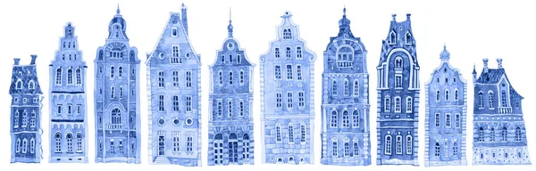 Архитектурный Набор Изолирован Белом Фоне Голубые Акварельные Каракули Сказочные Домики — стоковое фото