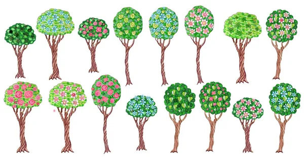 Acquerello Dipinto Doodle Schizzo Floreale Set Fiaba Alberi Fiore Fiori — Foto Stock