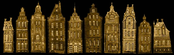 Архитектурный Набор Изолирован Черном Фоне Золотая Акварель Нарисовала Сказочные Дома — стоковое фото