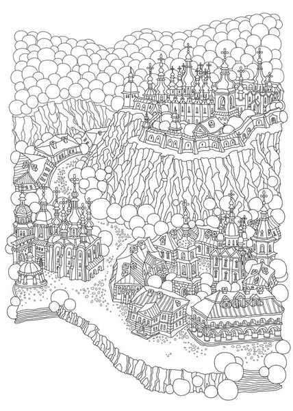 ベクトルファンタジーの風景 おとぎ話の中世の町の建物 川の銀行 森林の丘の上の教会 大人と子供のぬりえブックページ — ストックベクタ