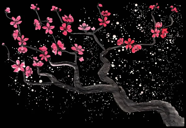 Oriental New Year greeting card. Chinese plum flowers and blooming branch in Japanese tradition painting style Sumi-e on a black background