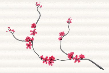 Vektör Pembe El, Japon folklor tarzında Çin eriği çiçekleri ve çiçek açan dalları pirinç kağıdına çizdi. Batik, kitap kapağı, tişört baskısı, Doğu Yeni Yıl tebrik kartı.