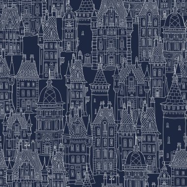 Fantezi dünyasının kusursuz bir düzeni. Peri masalı şatosu, eski ortaçağ kasabası, park ağaçları. El çizimi, ev ve kule silueti. Koyu mavi arkaplanda beyaz karalama çizgileri