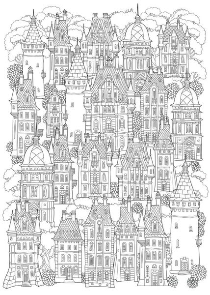 Фантастичний Пейзаж Казковий Замок Старе Середньовічне Місто Паркові Дерева Ручний — стоковий вектор