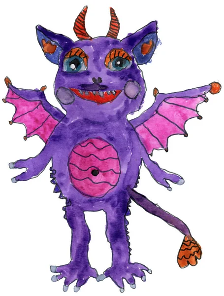 Watercolor Painted Fairy Tale Purple Baby Dragon Isolated White Background — Stock Photo, Image