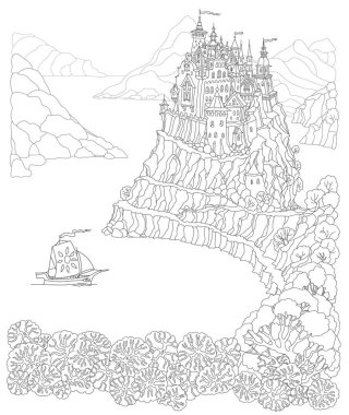 Tepedeki peri masalı şatosu, denizde yelkenli tekne, dağlar. Yetişkin ve çocuklar için boyama kitabı sayfası