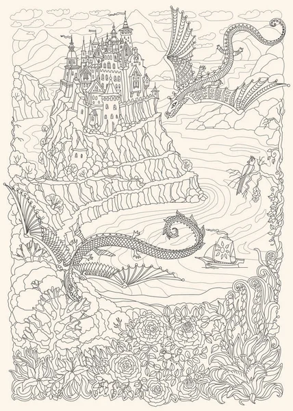 Paysage Fantastique Conte Fées Dragons Volants Château Sur Une Colline — Image vectorielle