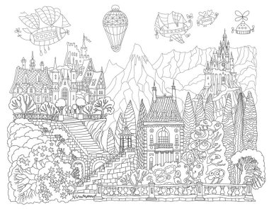 Tepenin, bahçenin, dağların ve fantezi uçan havanın üzerindeki peri masalı şatosuyla fantezi manzarası. Siyah ve Beyaz Renkli kitap sayfası 