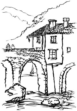 Eski bir köprünün siyah beyaz çizimi ve bir dağın arka planına karşı bir ev