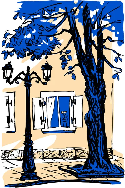 Morceau Rue Avec Arbre Lampadaire Une Fenêtre Jour Été Croquis — Image vectorielle