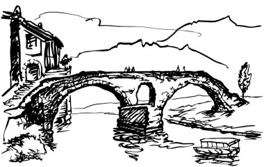 Nehrin üzerinde eski bir taş köprü, şehrin bir parçası ve dağların arkasında bir eğlence teknesi. Siyah ve beyaz doğrusal çizim.