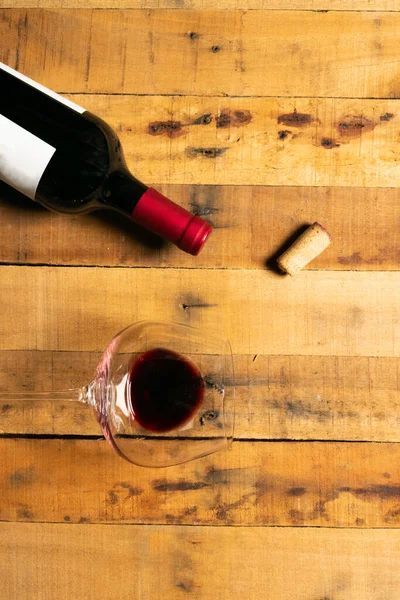 Bottle Red Wine Horizontal Position Glass Cork Rustic Wooden Background — Stock Photo, Image