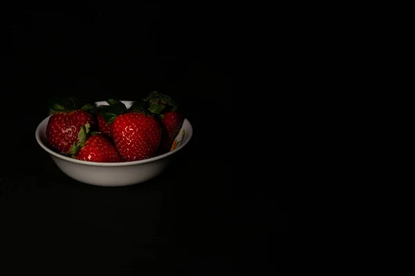 Red Strawberries White Plate Black Background — Photo