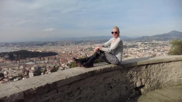 Woman at Mont Boron panorama of Nice — стокове відео