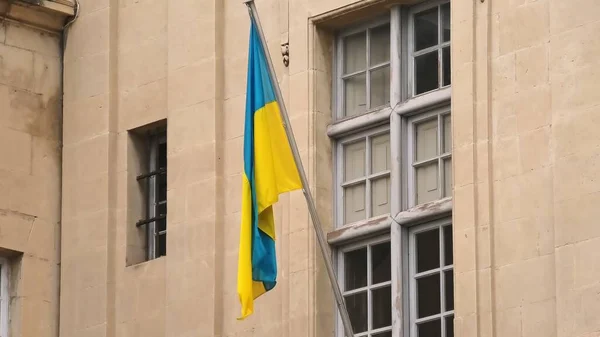 Bandera de Ucrania en la ventana — Foto de Stock