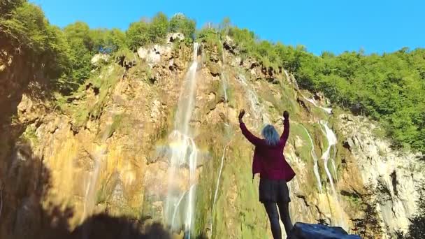 Woman looking waterfall in Plitvice Lakes National Park — Stock Video