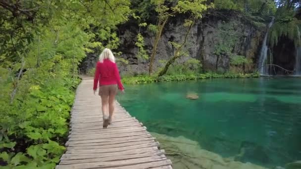 Женщина, гуляющая по Плитвицким озерам — стоковое видео