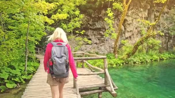 Girl walking in Plitvice Lakes National Park — стоковое видео