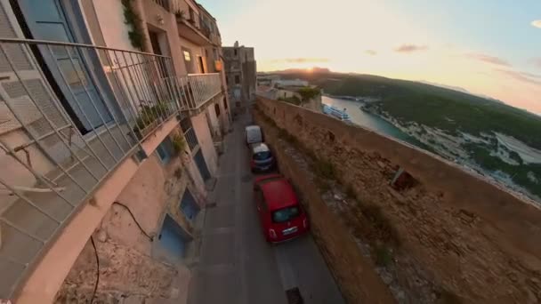Corsica France June 2022 Aerial Panorama Bonifacio City Harbor Sunset — Stockvideo