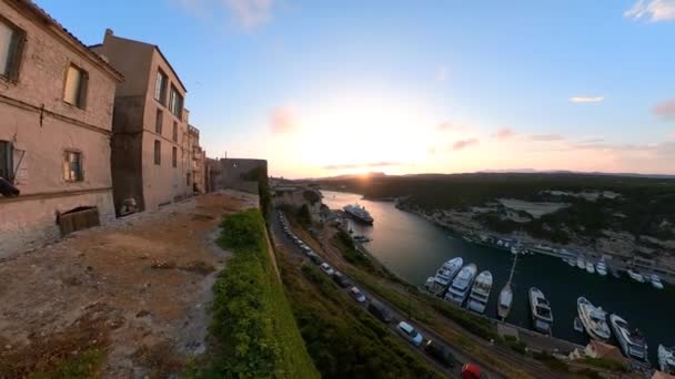 Aerial Panorama Bonifacio City Harbor Sunset Corsica Island France Drone — Stockvideo