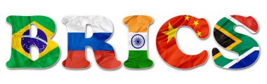 Brezilya, Rusya, Hindistan, Çin ve Güney Afrika 'nın BRICS derneği. Beyaz arka planda izole edilmiş bayraklar. Yeni dünya düzenini etkilemek için zirvede toplanan büyük gelişmekte olan piyasalar veya yeni ekonomiler