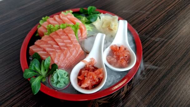 Flat Lay Top View Salmon Sashimi Dish Ginger Wasabi Vegetable — 图库视频影像