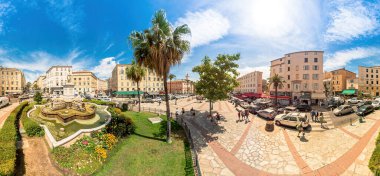 Ajaccio, Corsica, France - June 2022: Aerial 360 round view of Foch square with the statue of Napoleon. Ajaccio capital city of Corsica island.