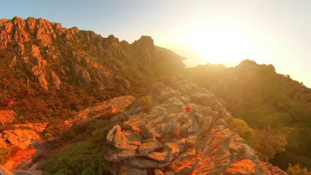 Aerial View Tourist Woman Top Badlands Calanques Piana Sunset Drone — Video Stock