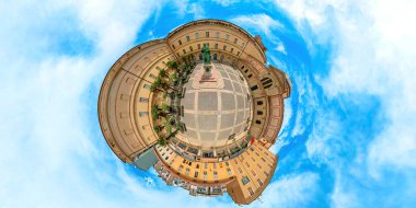 Ajaccio, Corsica, France - June 2022: Aerial 360 degrees panorama in tiny planet of Fesch museum yard with statue of cardinal Fesch and Imperial Chapel or Palatine Chapel. Ajaccio capital city of